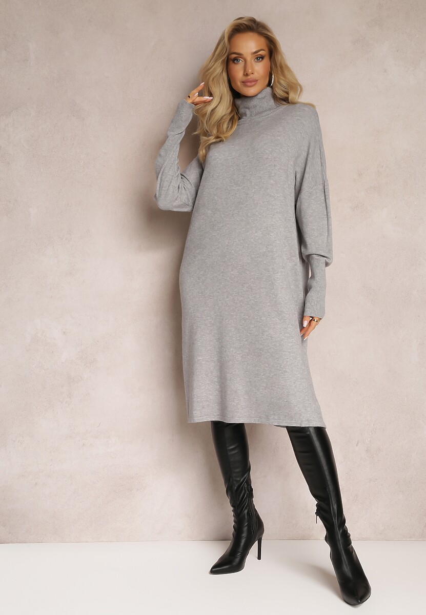 Szara Sukienka Sweterkowa o Pudełkowym Fasonie Horrene