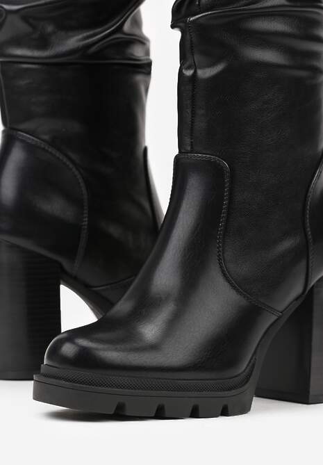 Czarne Kozaki do Kolana z Marszczoną Cholewką i Obcasem Typu Słupek Netalea