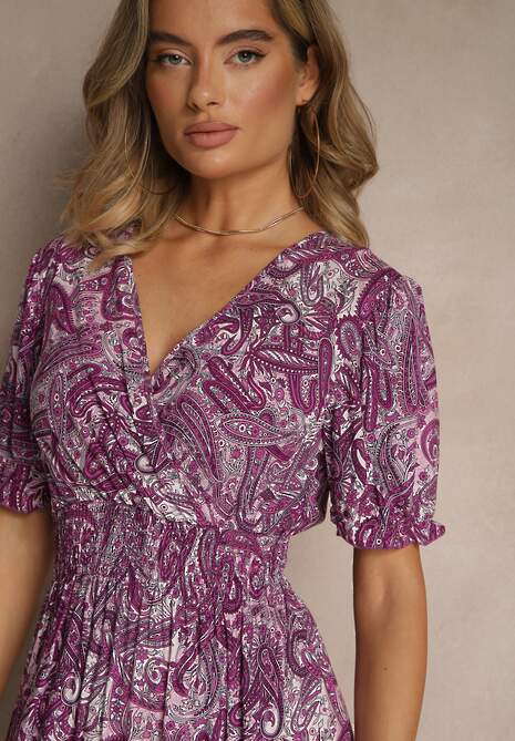 Ciemnoróżowa Rozkloszowana Sukienka z Bawełny Zdobiona Wzorem Paisley Folitea