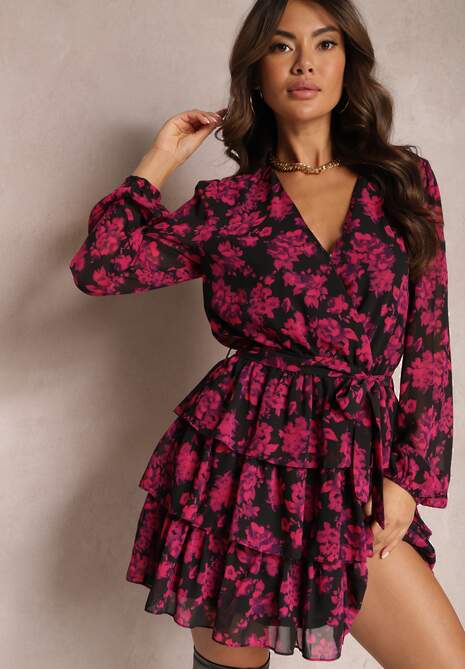 Różowa Mini Sukienka o Rozkloszowanym Kroju w Kwiaty z Gumką w Talii i Trójkątnym Dekoltem Dehemella