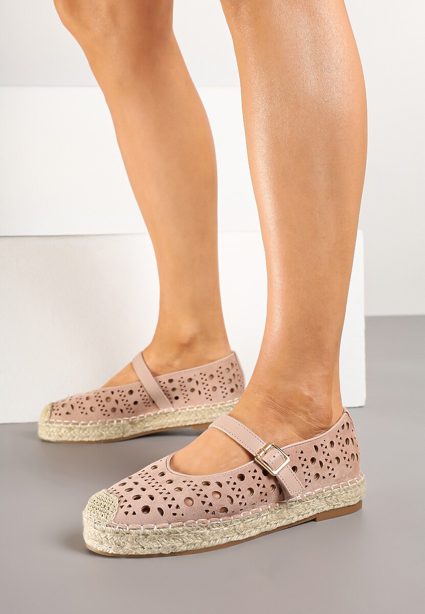 Różowe Płaskie Espadryle z Plecionką i Ażurową Cholewką Aralithra