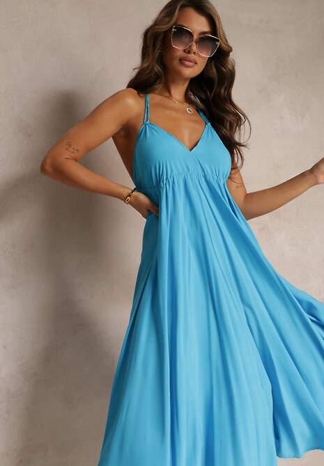 Niebieska Sukienka Midi z Wiskozy i Wiązaniem na Szyi Alleve