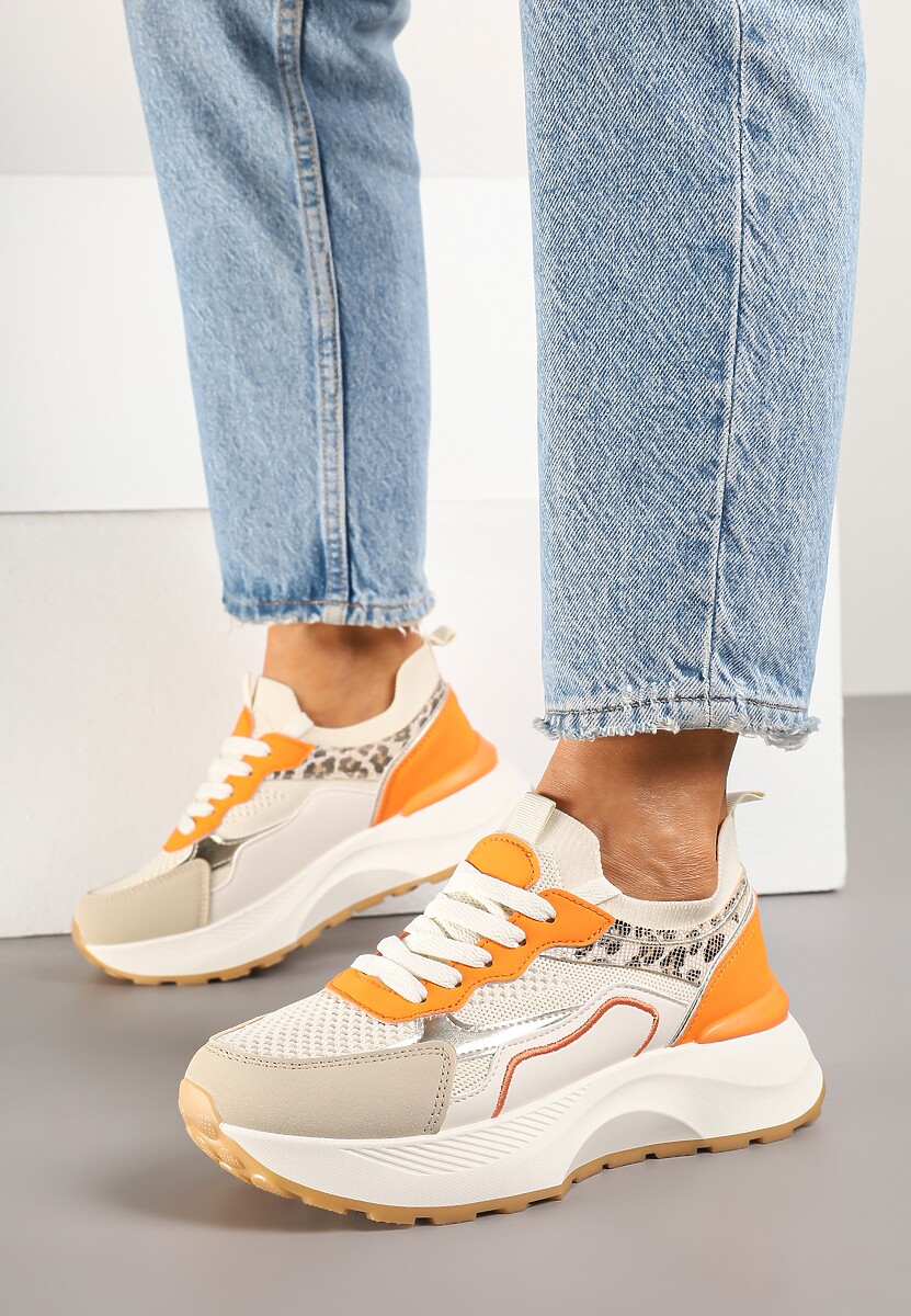 Beżowo-Pomarańczowe Sneakersy Streetwearowe na Piankowej Podeszwie Aillifia