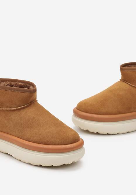 Brązowe Śniegowce Ultra Mini na Grubej Podeszwie z Futerkiem Asemmia