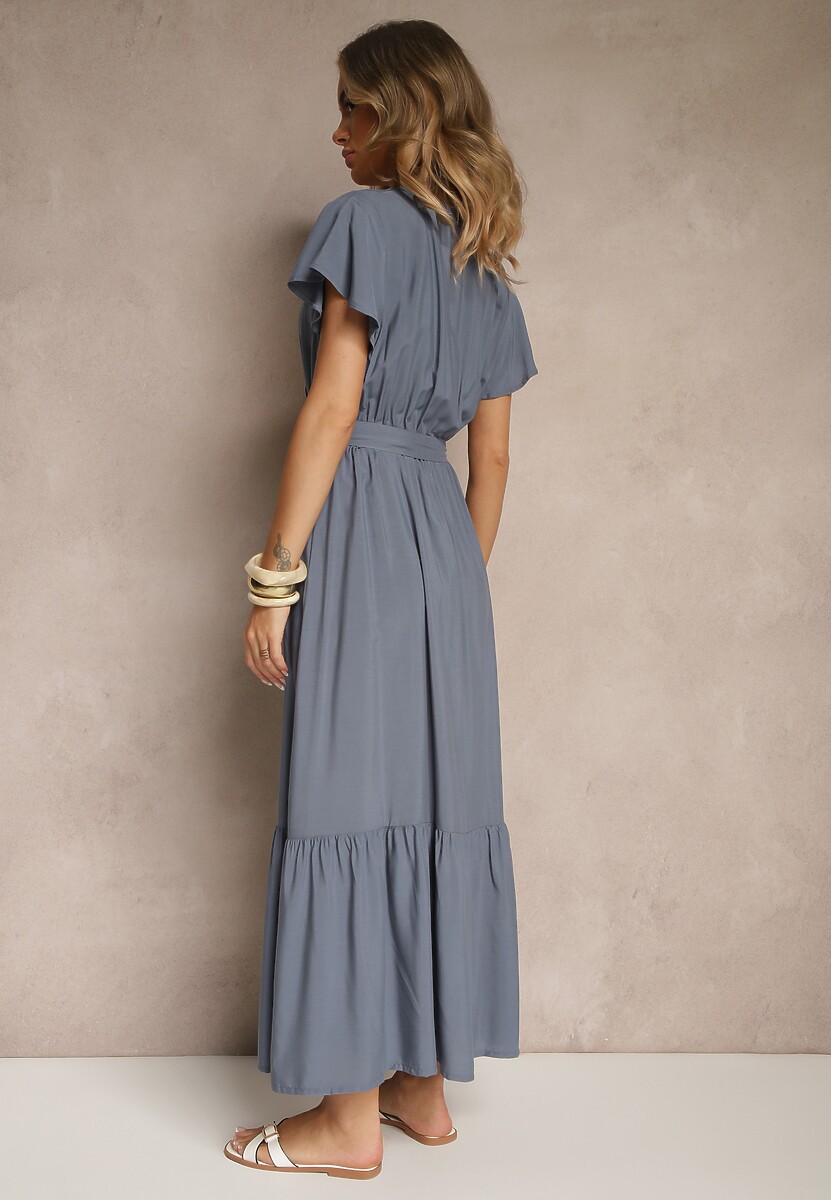 Granatowa Kopertowa Sukienka z Wiskozy Ozdobiona Paskiem Savioneira