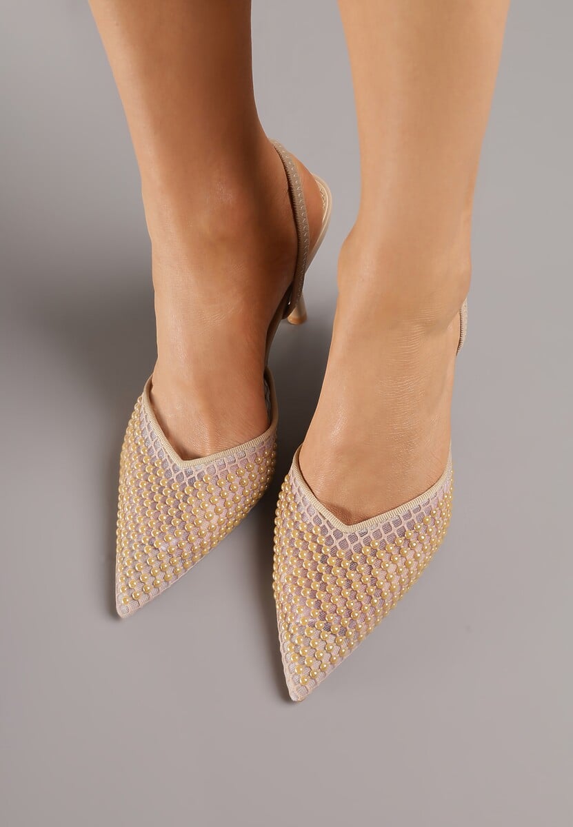 Ciemnobeżowe Sandały na Szpilce z Siateczkowym Noskiem z Aplikacją z Perełek Aurifera