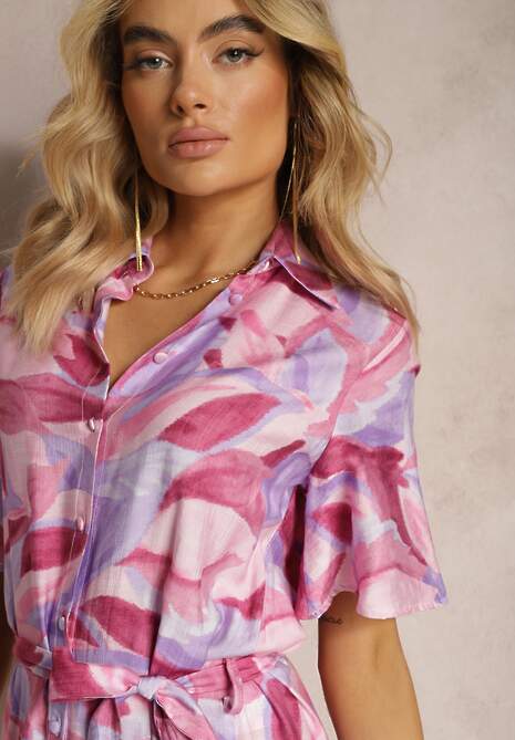 Fioletowo-Różowa Rozkloszowana Sukienka Wiązana w Pasie z Falbanami Salmarina