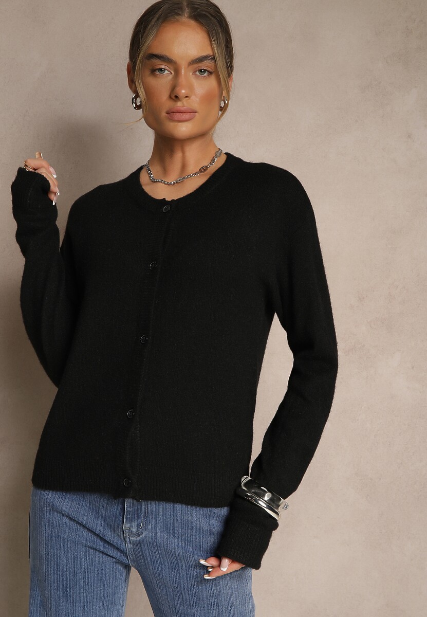 Czarny Klasyczny Kardigan z Zaokrąglonym Dekoltem Reonira