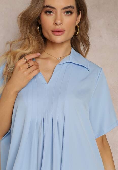 Niebieska Zwiewna Sukienka Rozkloszowana z Kołnierzykiem i Zakładkami Pedrisa