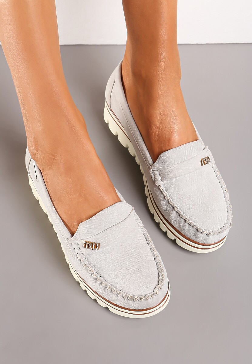 Szare Mokasyny ze Skórzaną Wkładką na Podeszwie w Paski z Cyrkoniami i Marszczeniem Dilema