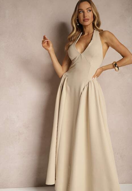 Beżowa Rozkloszowana Sukienka Halter z Wiązaniem i Odkrytymi Plecami Senicce