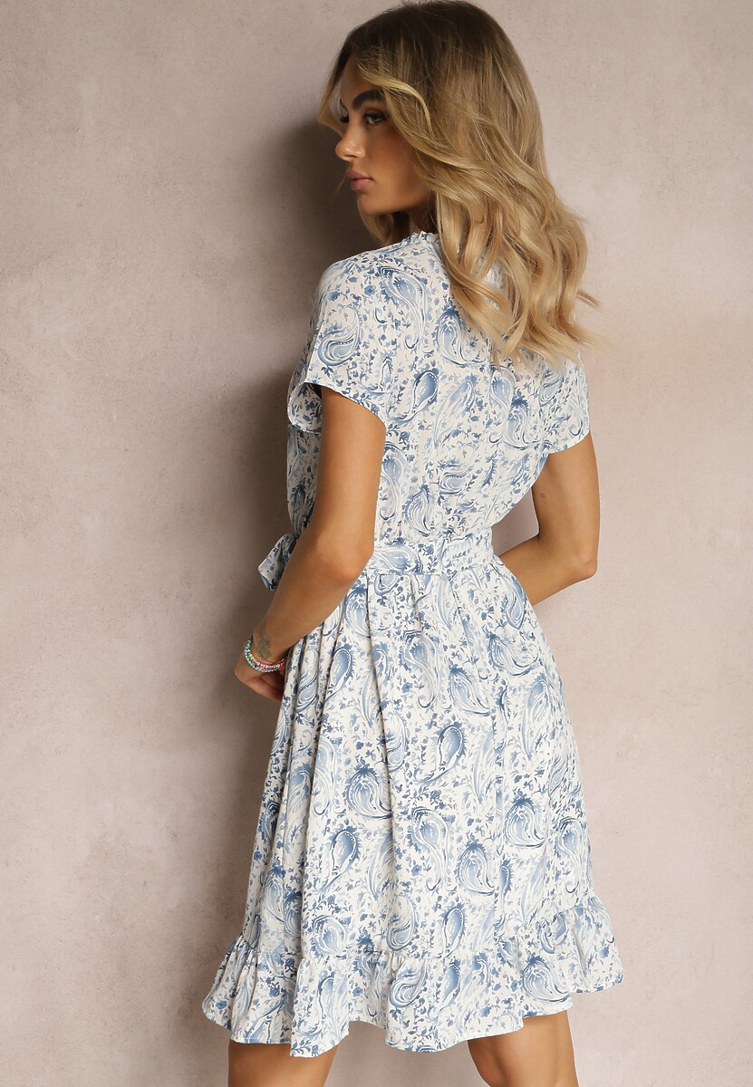 Niebieska Rozkloszowana Sukienka z Krótkim Rękawem i Trójkątnym Dekoltem z Gumką w Pasie Starielle