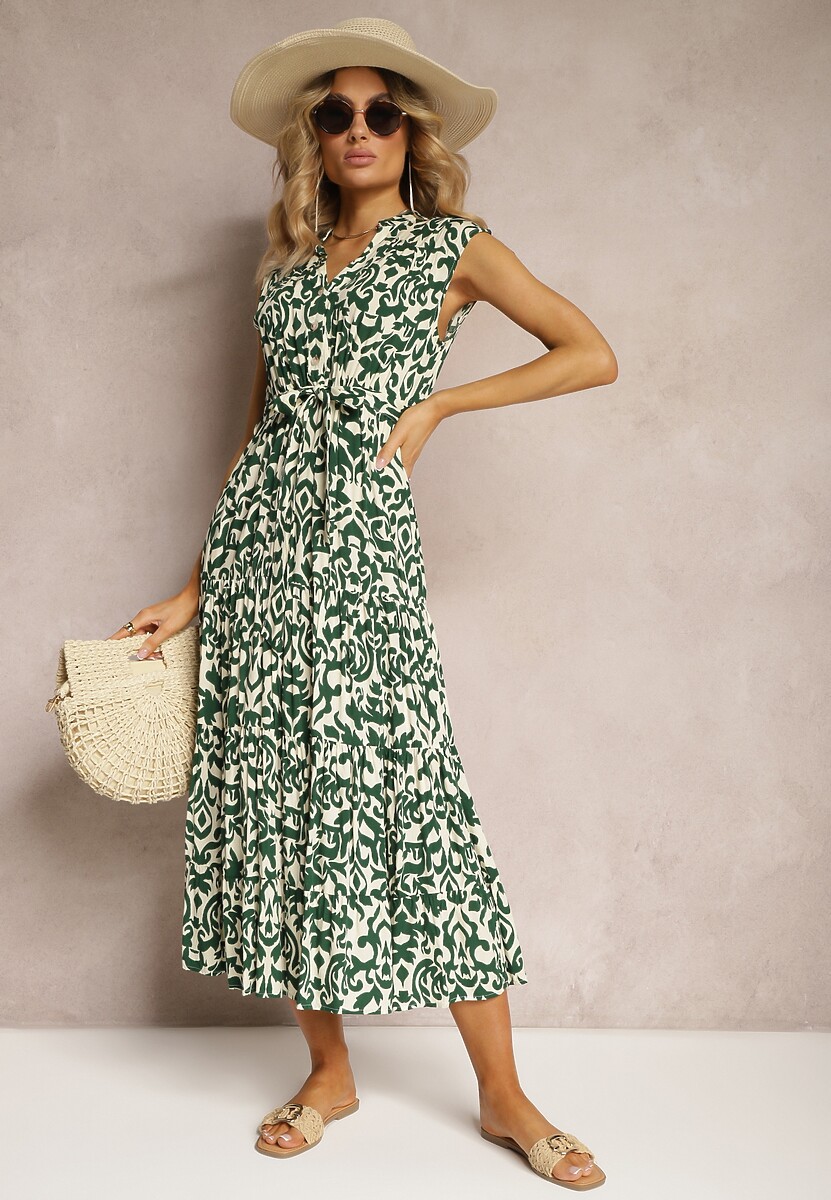 Zielona Sukienka z Wiskozy Zapinana na Guziki z Materiałowym Paskiem i Gumką w Pasie Isolia