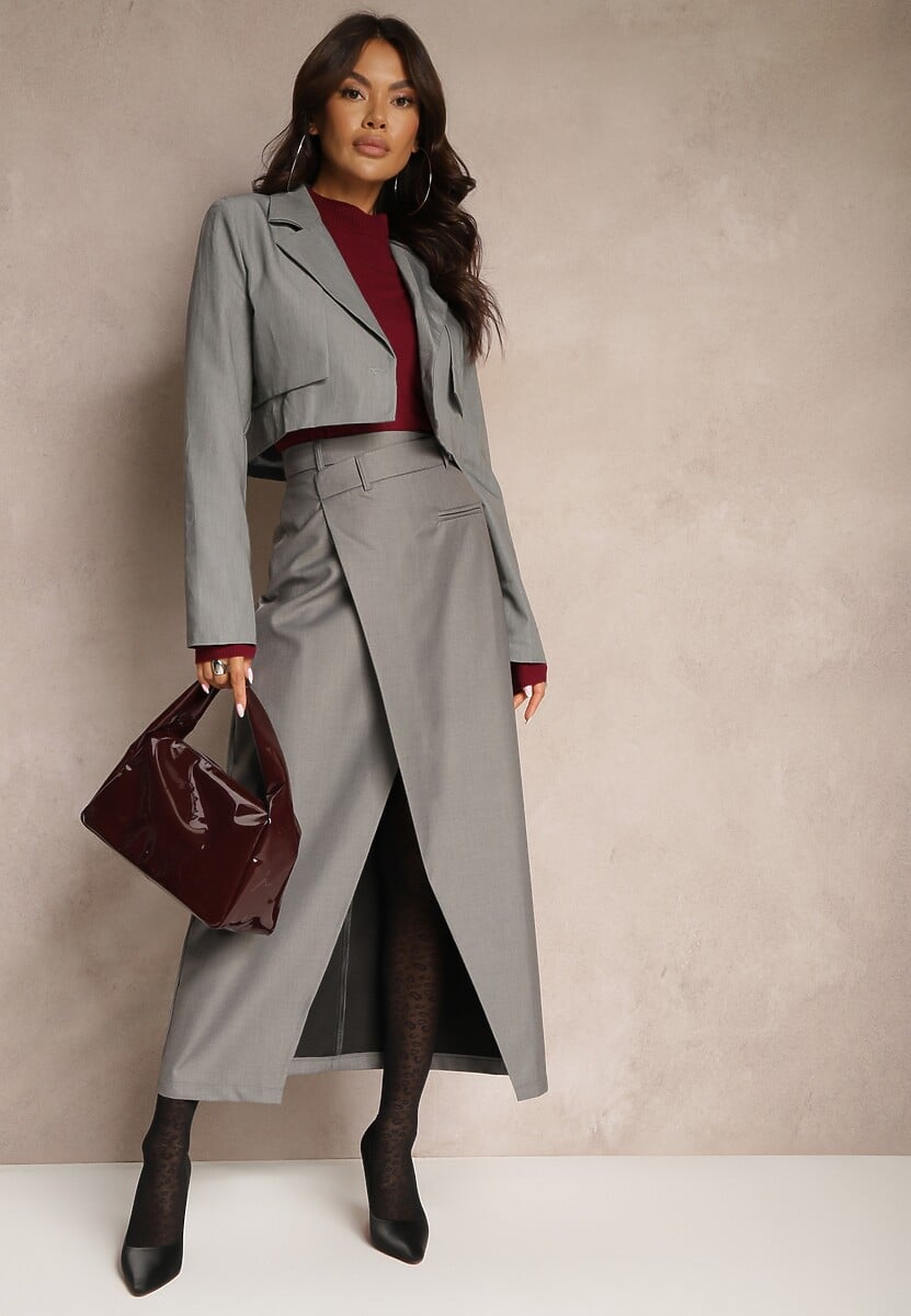 Ciemnoszara Maxi Spódnica Kopertowa z Rozcięciem o Asymetrycznym Fasonie Atenirs