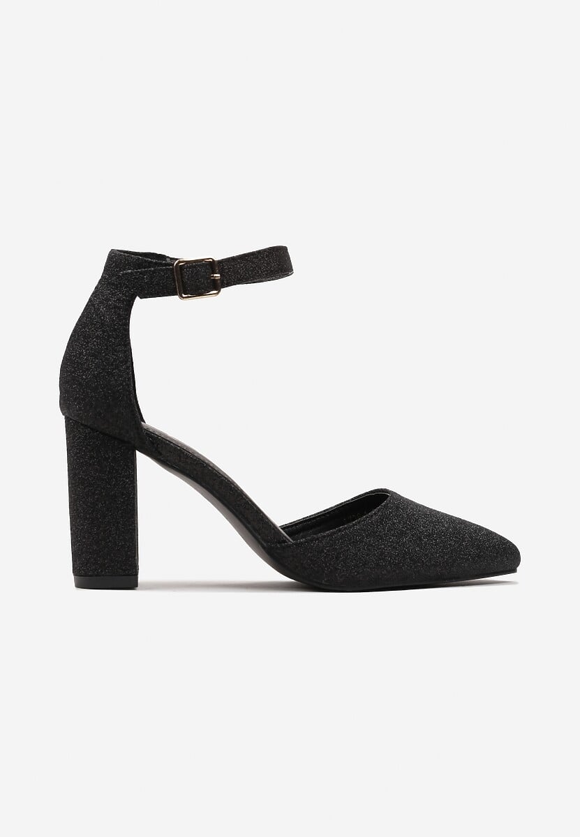 Czarne Czółenka z Brokatowej Ekoskóry na Słupku Tirella