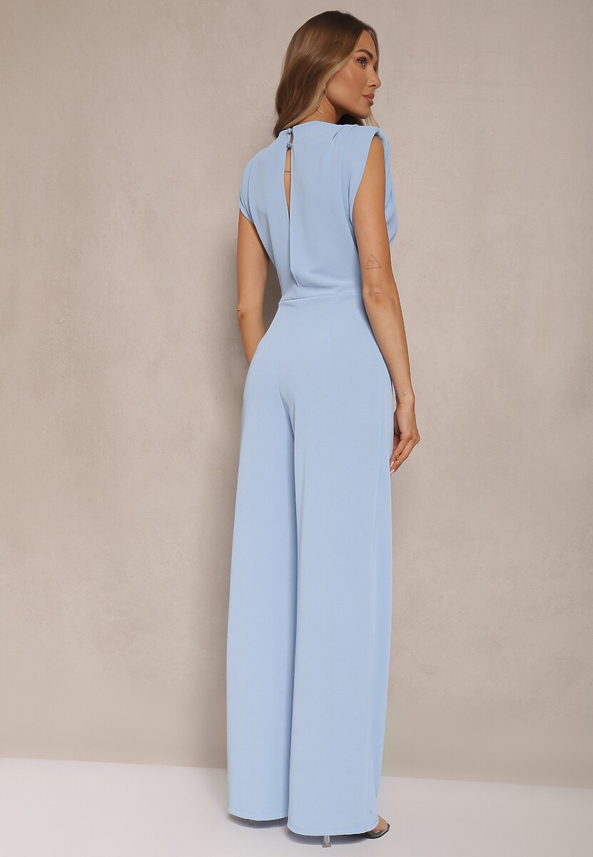 Niebieski Kombinezon Bez Rękawów z Szeroką Nogawką i Marszczeniem Sepellia