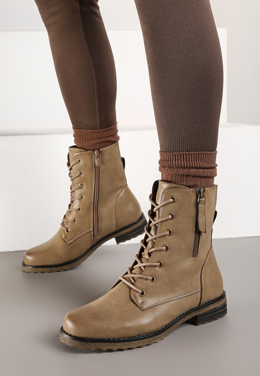 Ciemnobeżowe Sznurowane Botki Workery na Płaskiej Podeszwie Ozdobione Suwakiem Tarinda