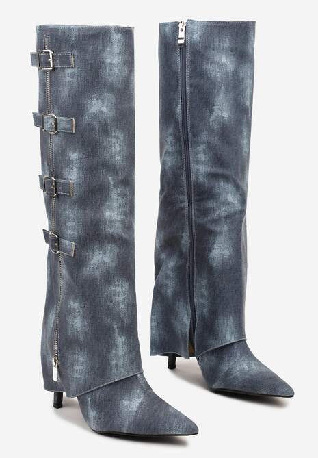 Niebieskie Kozaki Jeansowe na Szpilce z Klamrami na Wywiniętej Cholewce Riaviraen