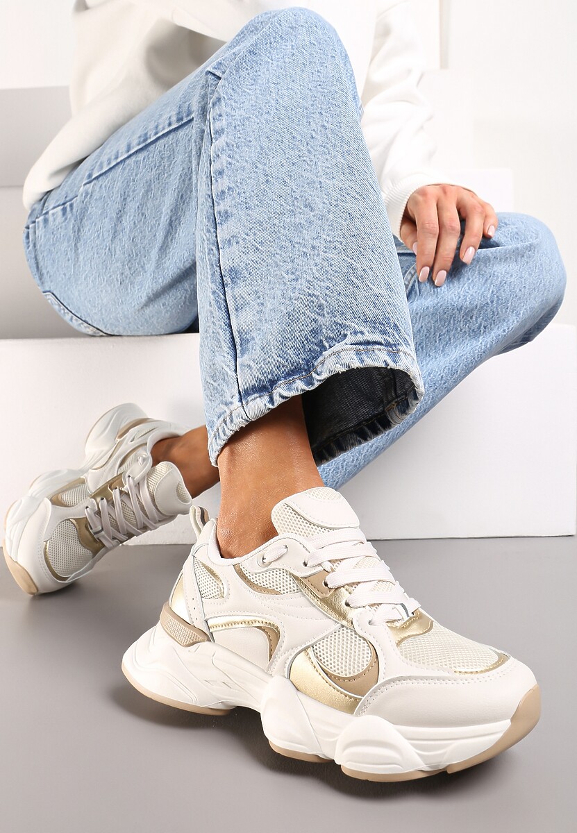 Biało-Beżowe Sneakersy ze Wstawkami Metalicznymi i Siateczką na Grubej Podeszwie Riliera