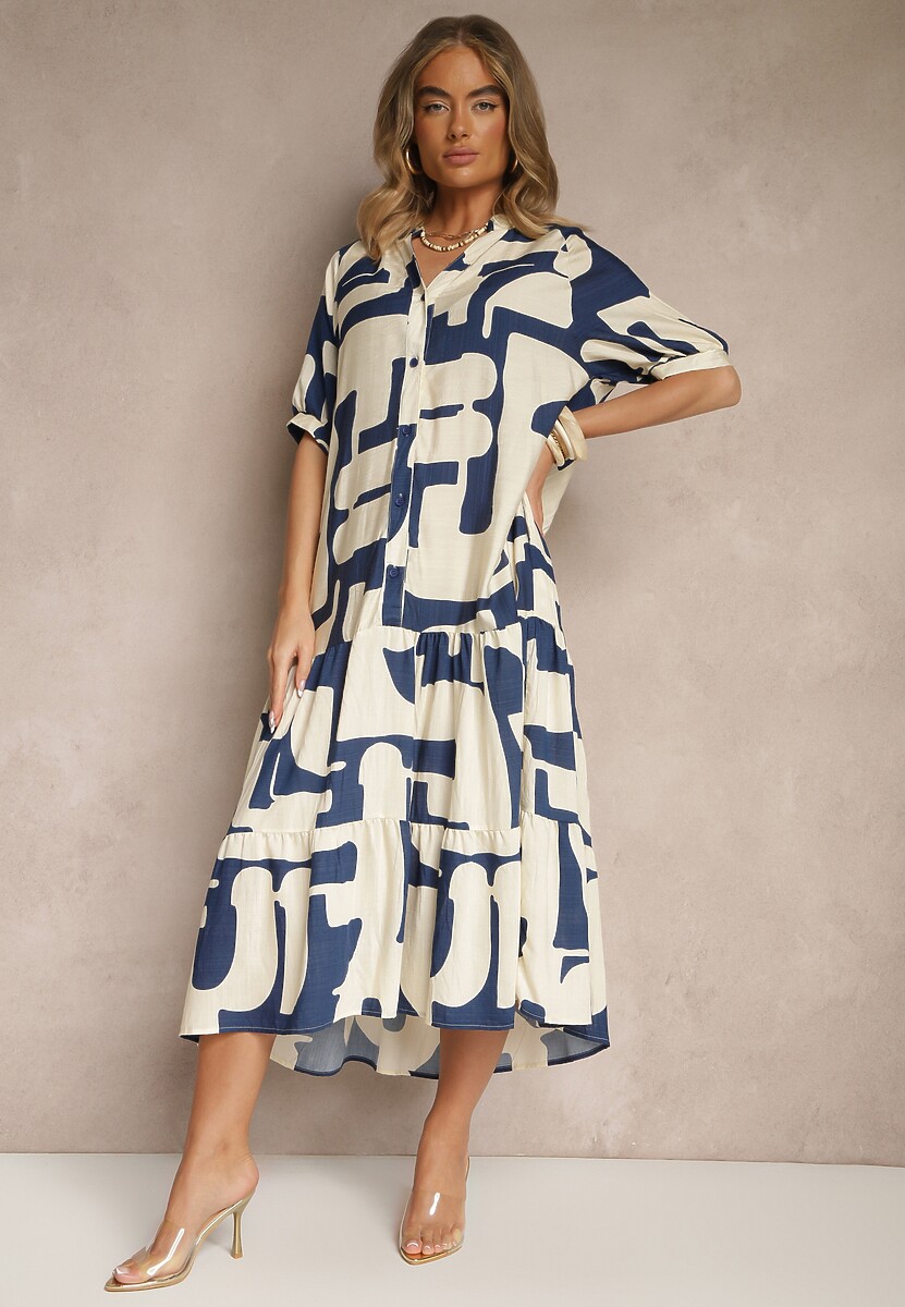 Czarna Sukienka z Wiskozy Ozdobiona Geometrycznym Motywem Filorea