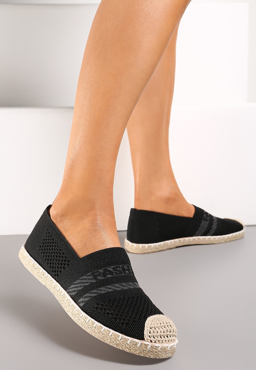 Czarne Espadryle z Plecioną Cholewką przed Kostkę Mokosa