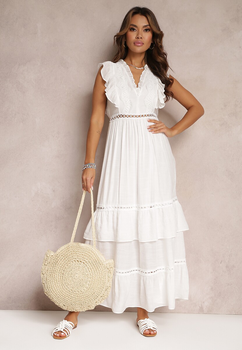 Biała Rozkloszowana Sukienka z Falbankami i Koronką Apoline