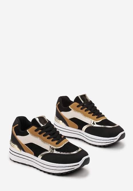 Czarne Sneakersy na Wysokiej Podeszwie z Błyszczącymi Wstawkami Lovana