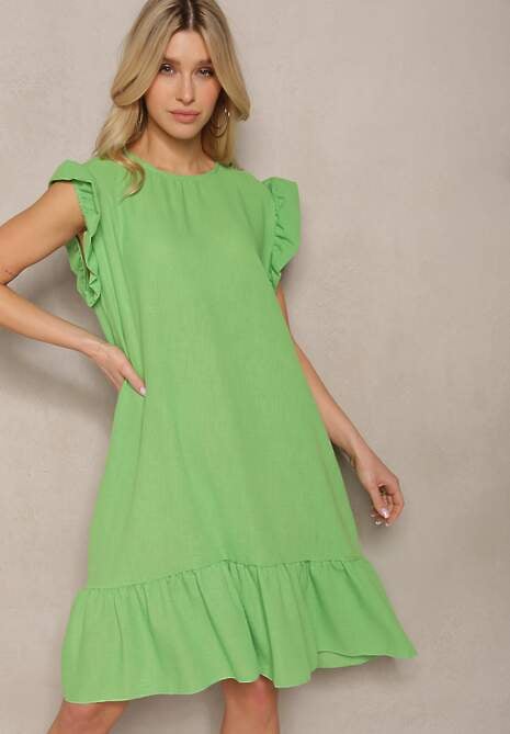 Jasnozielona Sukienka o Rozkloszowanym Kroju z Krótkim Rękawem i Falbankami Lavolia