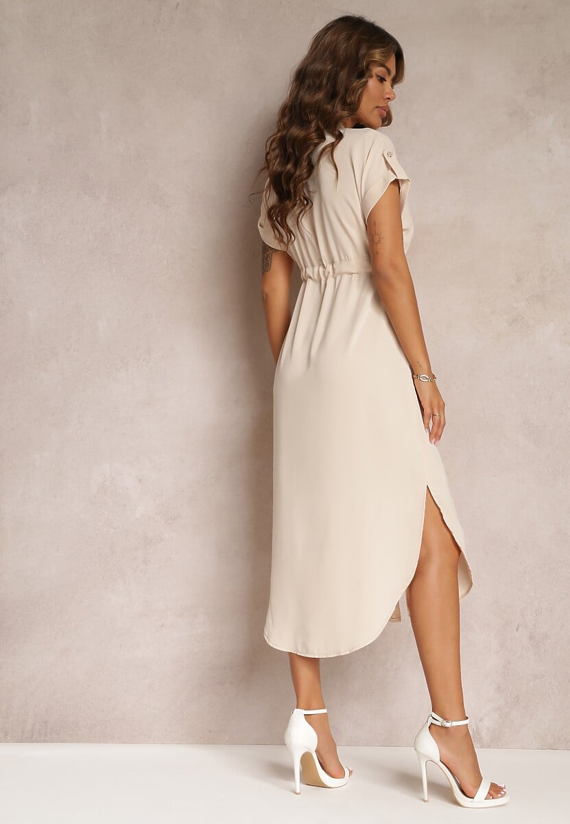 Beżowa Sukienka Koszulowa z Krótkim Rękawem Yasminine