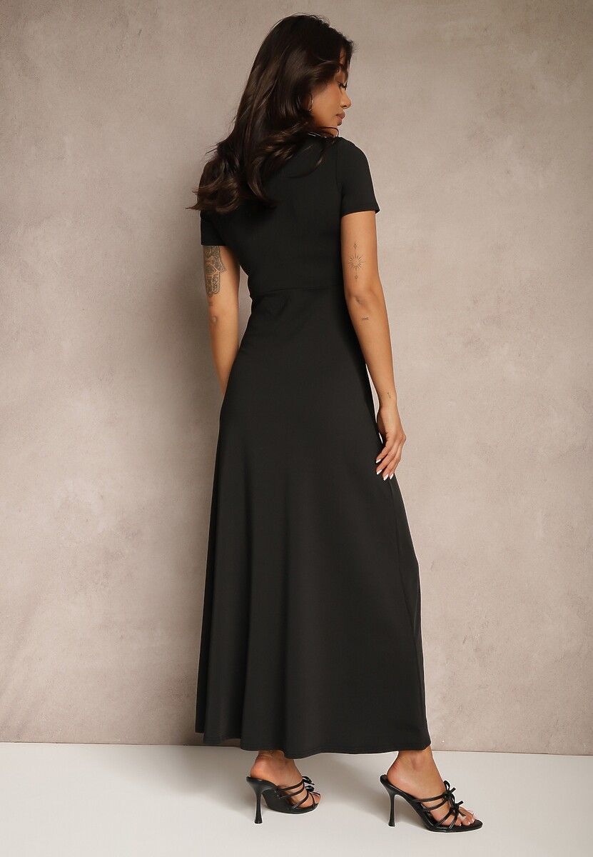 Czarna Taliowana Sukienka z Ozdobnymi Marszczeniami i Domieszką Wiskozy Avenile