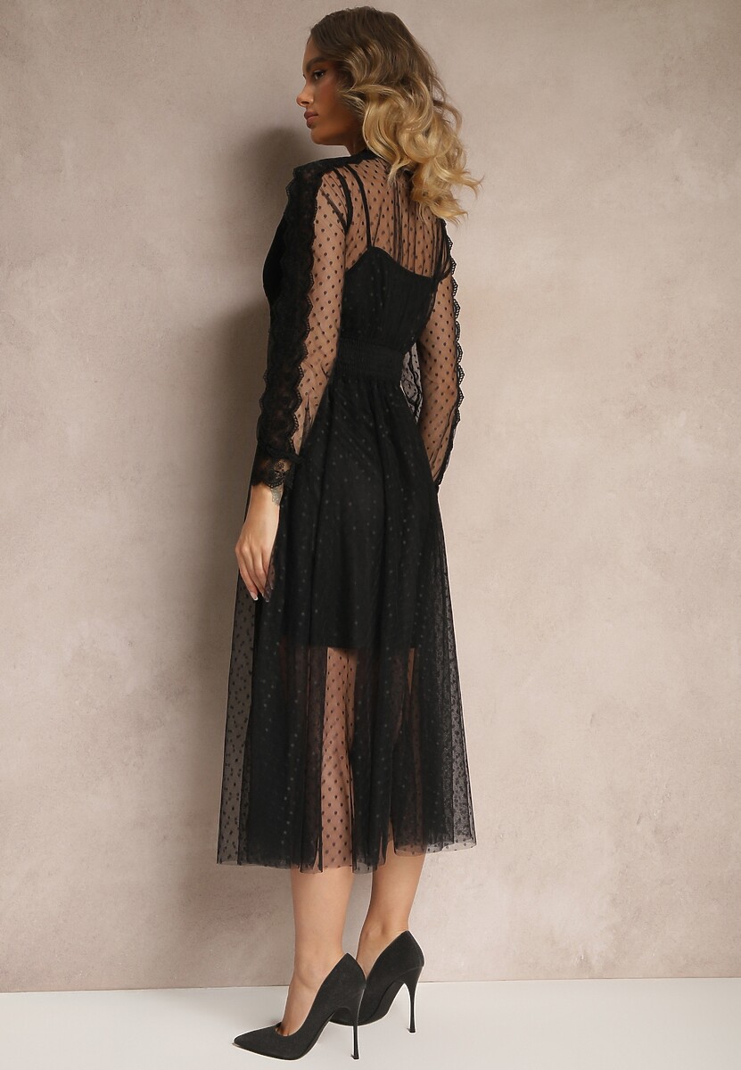 Czarna Rozkloszowana Sukienka Midi z Tiulu z Koronką Rislaine