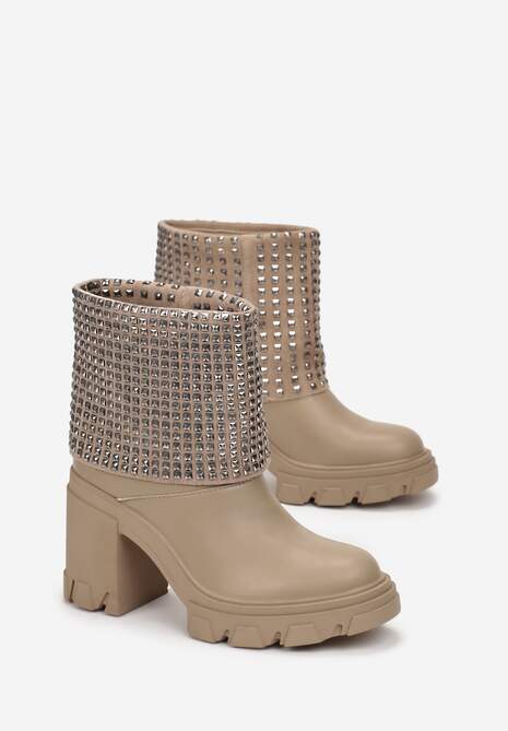 Ciemnobeżowe Botki z Wywiniętą Cholewką Ozdobioną Cyrkoniami na Platformie i Słupku Felirok
