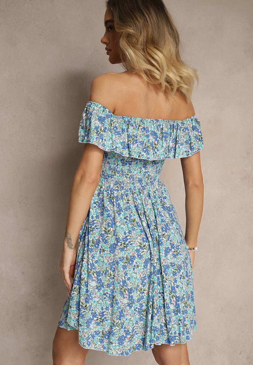 Niebieska Bawełniana Sukienka Hiszpanka  w Kwiaty z Falbankami Nairavie