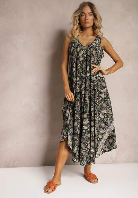 Czarno-Zielona Sukienka z Wiskozy o Rozkloszowanym Kroju Bez Rękawów Fradea