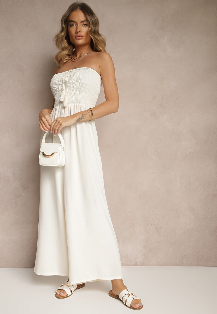 Jasnobeżowy Kombinezon Bandeau z Szeroką Nogawką Zdobiony Frędzlami Dovaira