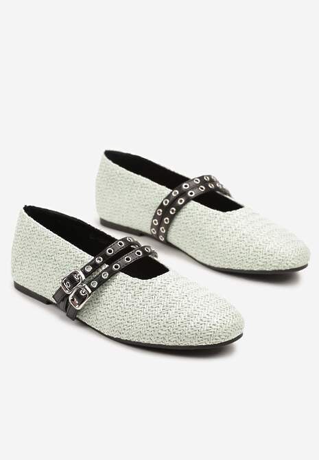 Zielone Balerinki z Tweedowym Akcentem i Dwiem Sprzączkami Gavirna