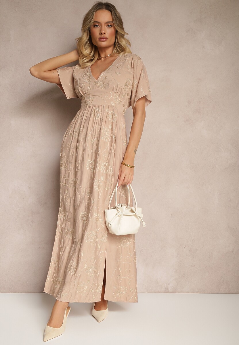 Beżowa Sukienka z Wiskozy Ozdobiona Haftem i Metaliczną Nicią Ivelvesa