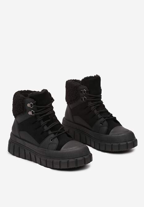 Czarne Botki na Grubej Podeszwie z Futerkiem Nemda