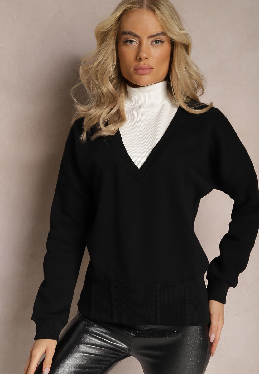 Czarna Bawełniana Bluza z Trójkątnym Dekoltem Hydralia