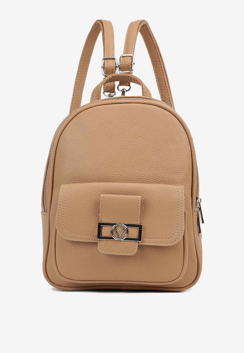 Beżowy Mały Plecak z Kieszonką i Metaliczną Ozdobą na Szelkach z Regulacją Ravasindra