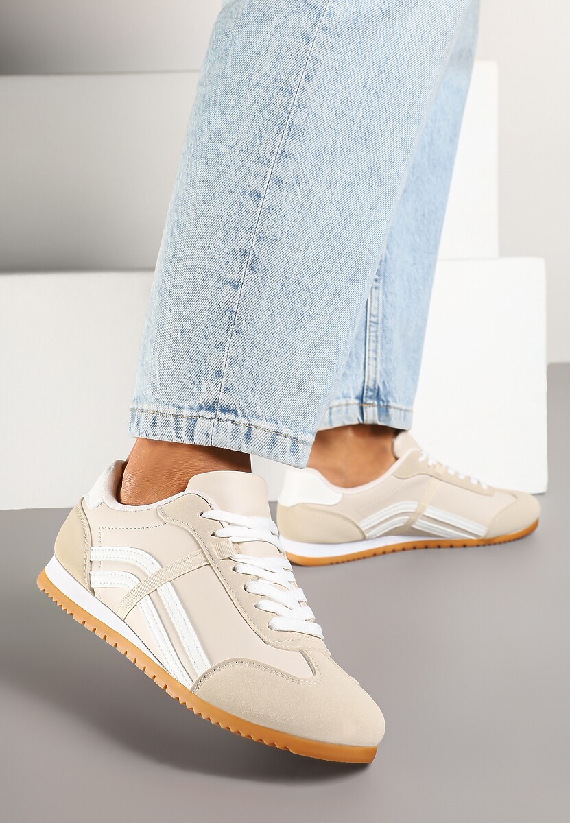 Beżowe Sneakersy Klasyczne Tenisówki Zdobione Przeszyciami Ellexia