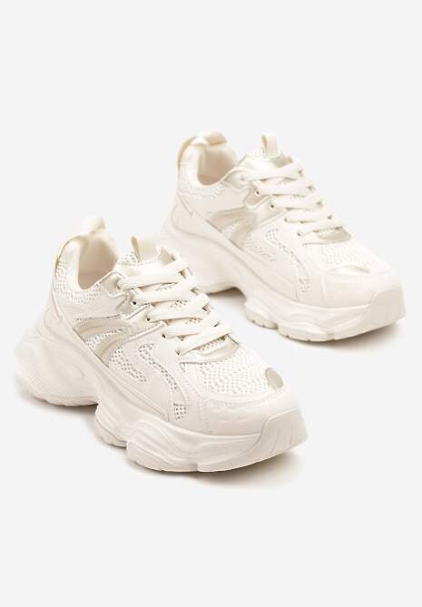 Beżowe Sneakersy na Platformie z Tłoczeniem i Metaliczną  Ozdobą Alarella