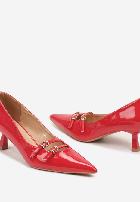 Czerwone Czółenka na Szpilce Kaczuszki z Paskami Zapinanymi na Sprzączki Lilanna