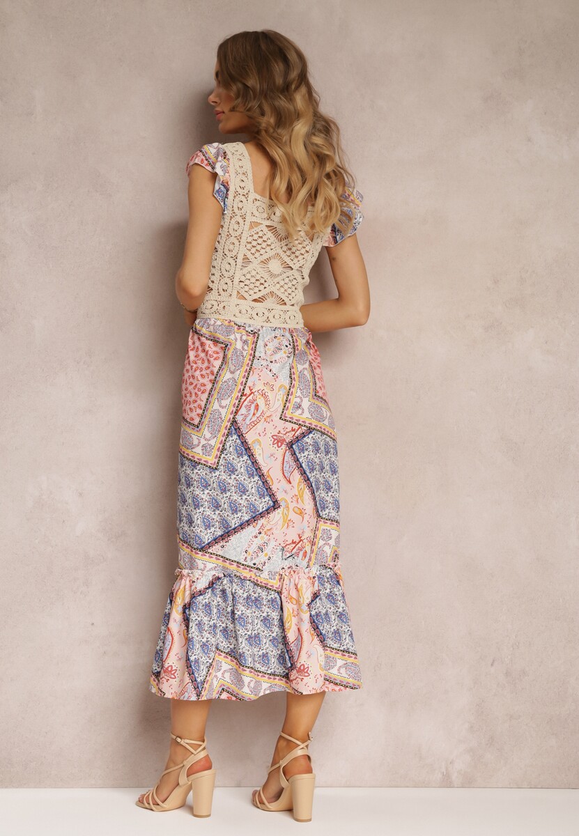 Różowa Bawełniana Sukienka z Szydełkową Wstawką i Wzorem Paisley Rynlia