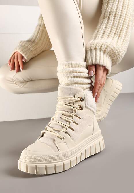Beżowe Botki na Grubej Podeszwie z Futerkiem Nemda