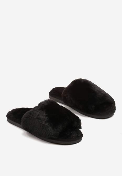 Czarne Kapcie Futrzane Vices z Szerokim Paskiem Selaenor