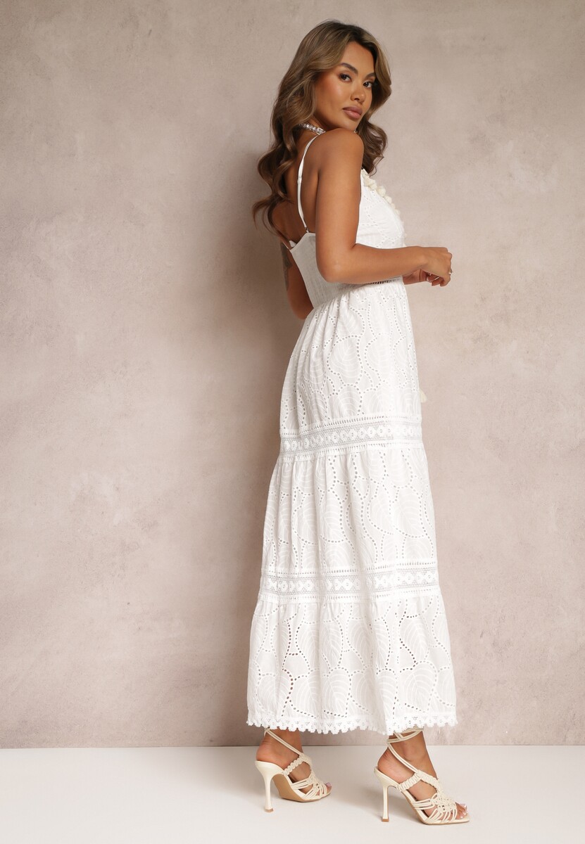 Biała Koronkowa Sukienka Maxi z Ozdobnym Dekoltem i Cienkimi Gumkami Hogdeiess