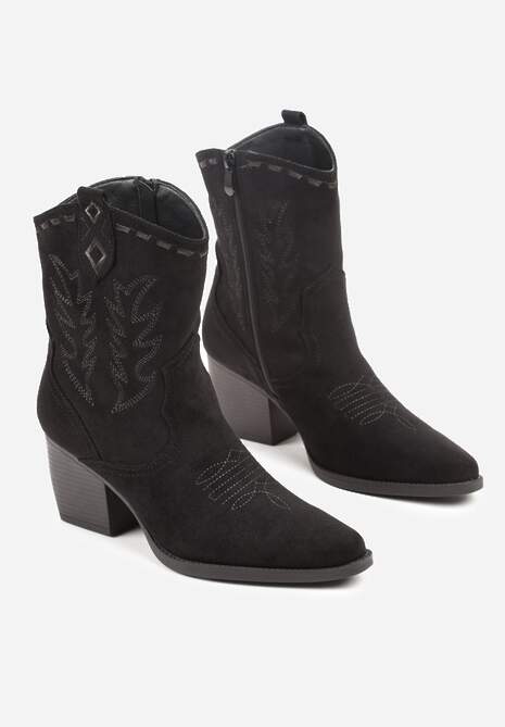 Czarne Botki Kowbojki na Stożku Ozdobione Haftem Falacine