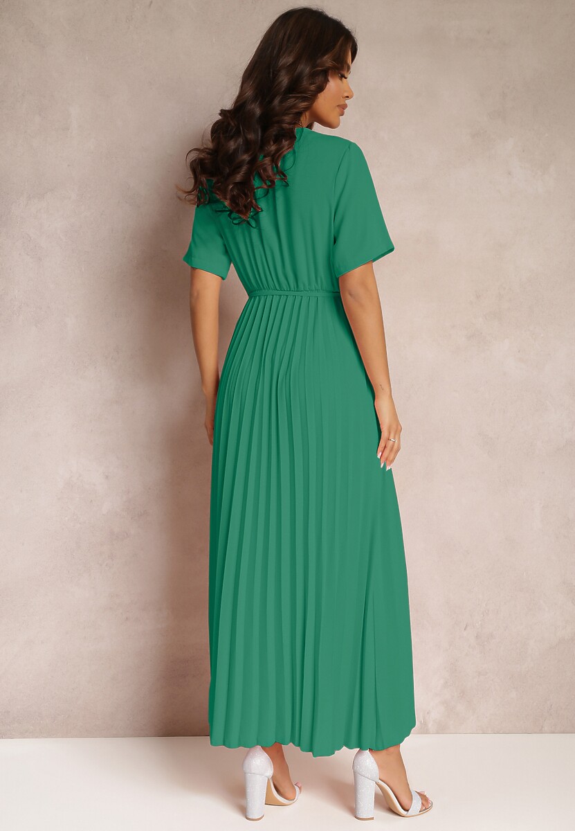 Zielona Rozkloszowana Sukienka Plisowana z Wiązanym Paskiem Eilemona