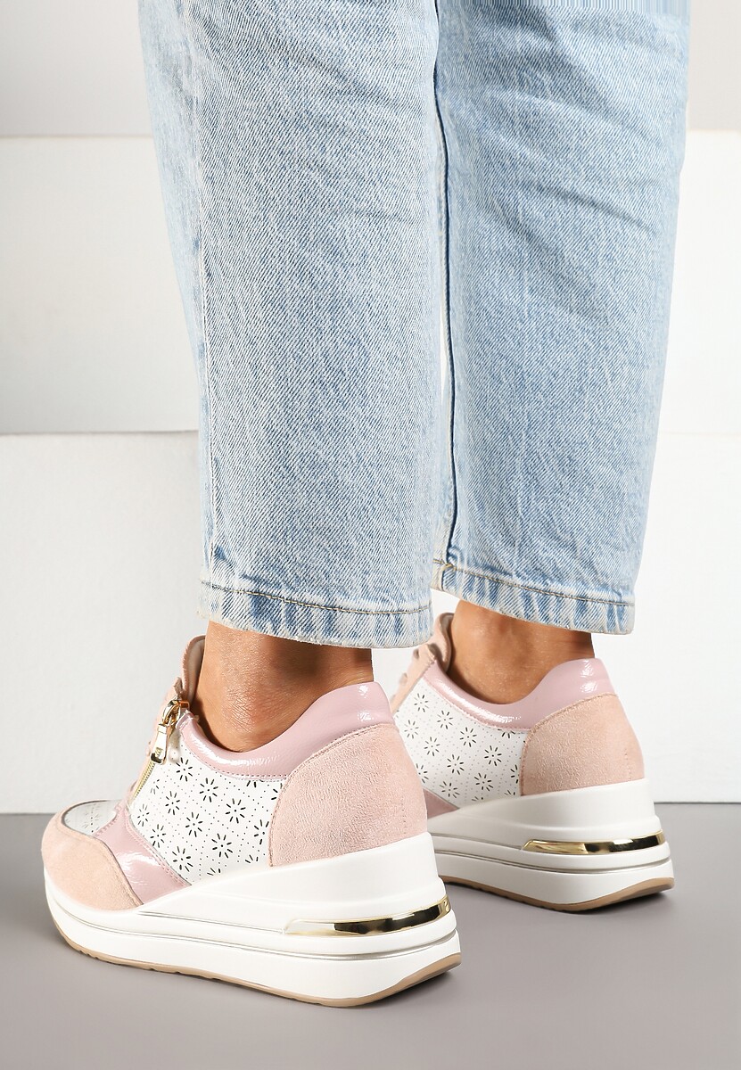 Różowe Sneakersy z Ażurową Perforacją Suwakiem i Ukrytym Koturnem Pelaria
